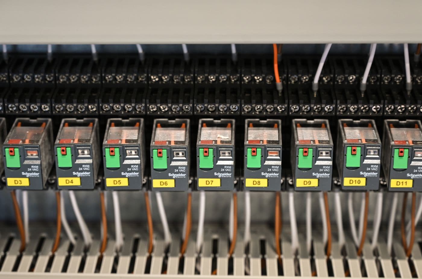 Row of miniature circuit breakers inside a residential distribution board